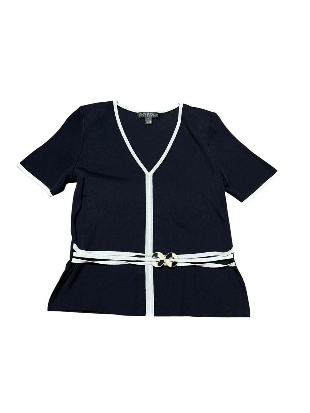Marie St. Monet Collection Short Sleeve V-Neck Knit Top with Contrast Trim